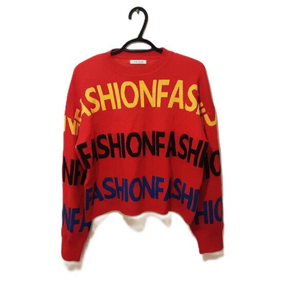 Joie Clair Red Graphic Sweater – Boxy Fit with Multicolor “FASHION” Print S/M - Picture 1 of 6
